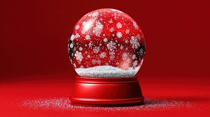 Empty snow globe with snowflakes on red background with