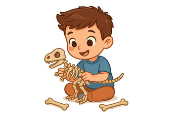Happy young boy playing with a dinosaur skeleton model and loose bones on the floor