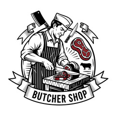 Butcher meticulously cuts meat at butcher shop, preparing fresh cuts for customers.
