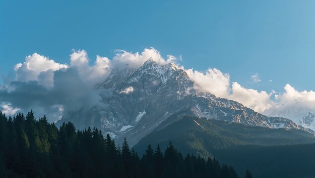 Majestic mountain at dawn, showcasing morning light and seasonal change