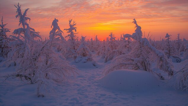 Fototapeta Winter sunset landscape with frozen trees, seasonal change