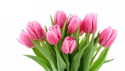Fototapeta premium Bright pink tulips arranged closely on a white backdrop, seasonal gift option, Easter