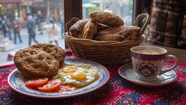 Traditional Turkish breakfast featuring fried eggs and tea, a protein-rich meal