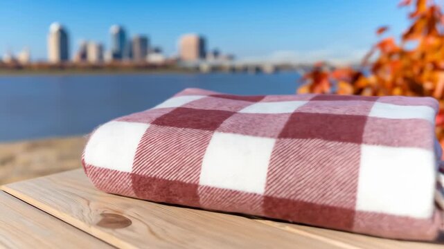 Cozy plaid blanket autumn river cityscape relaxing scenery