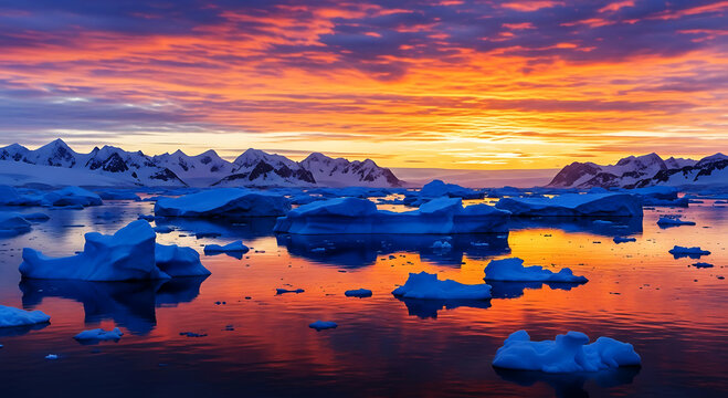 Vibrant sunset over an antarctic landscape with icebergs floating in calm water, reflecting the colorful sky and snowcapped mountains