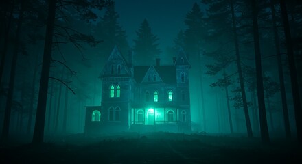 Eerie Victorian mansion engulfed by eerie mist in a dark, haunting forest setting