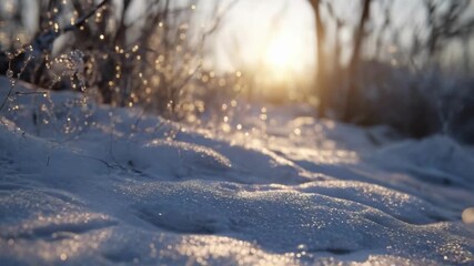 Snowy field with glittering frost on blades of grass and a warm sunrise glow filtering through bare trees. - Powered by Adobe
