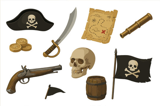 Classic pirate accessories collection featuring skull, treasure map, cutlass, and Jolly Roger flag