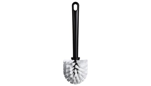 Toilet brush with black handle and white bristles on plain background