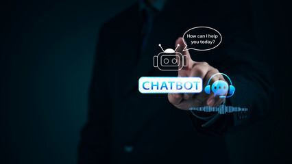 Businessman hand pointing chatbot icon. AI robot technology virtual assistant for customer service support. Artificial intelligence automation connecting future business technology solution concept.