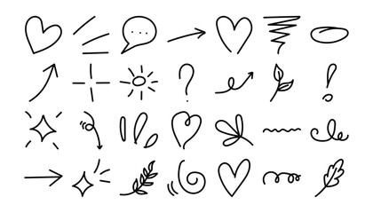 Collection of hand drawn doodle elements and symbols on white background