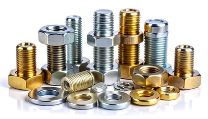 Assorted metal fasteners including bolts, nuts, and washers on reflective surface
