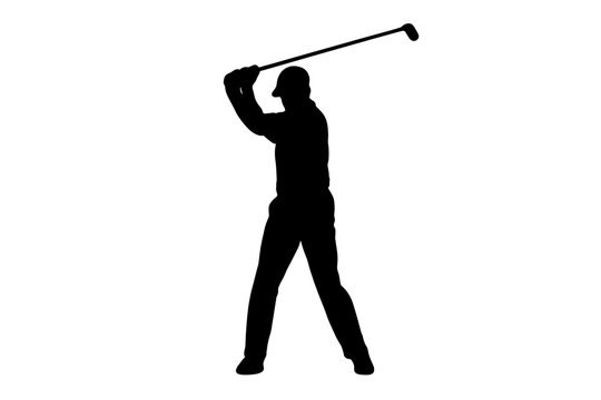Black silhouette of a golfer preparing to strike the ball at the top of the backswing