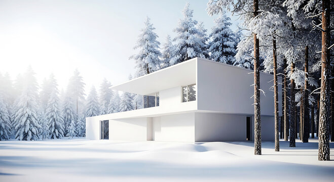 Modern white minimalist house nestled in a serene snowcovered forest with tall pine trees and soft sunlight filtering through the branches