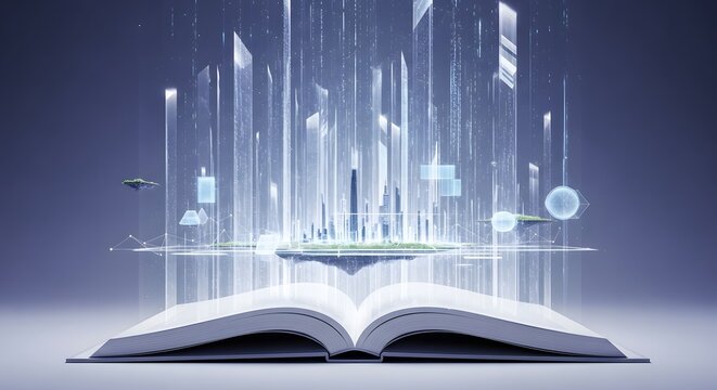 Open book with futuristic city floating above it and transparent geometric shapes around it