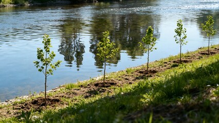 Fototapeta premium A line of young trees is newly planted on the earthen bank of a river or stream, with reflections shimmering on the water's surface under bright sunlight, promoting water edge restoration.
