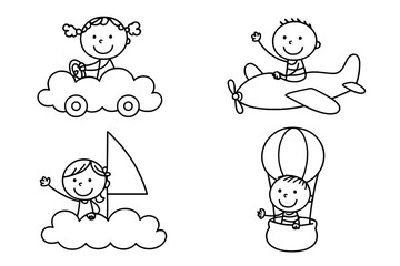 Happy children flying, sailing, and driving imaginative vehicles like a cloud car and hot air balloon