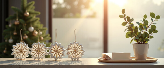 Four decorative snowflake ornaments on table with greenery by window  