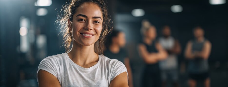 Young woman smiling confidently in gym with workout group behind  