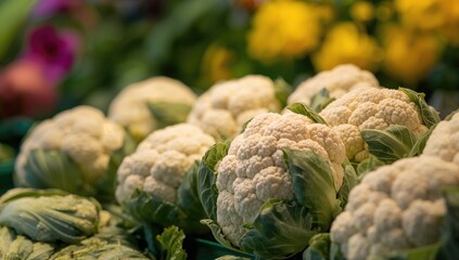 Fototapeta premium Close-up view of cauliflowers arranged at a market, highlighting the fiber-dense choice, summer season