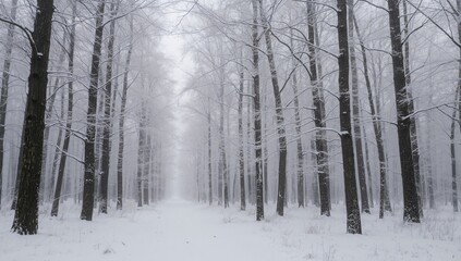 Fototapeta premium Winter forest scene with rhythmic trees, snow-covered surroundings, seasonal change