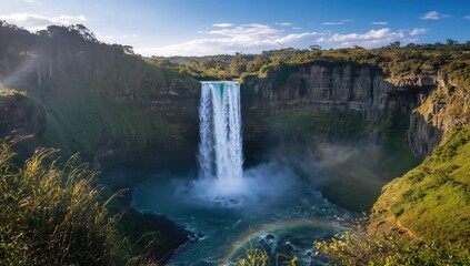 Fototapeta premium Banos waterfall in Ecuador, a natural adventure destination showcasing seasonal change, travel