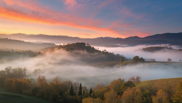 Mist enveloping the hills in a serene landscape, showcasing seasonal change