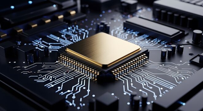Close up of a gold colored cpu chip on a dark circuit board with visible traces and other components