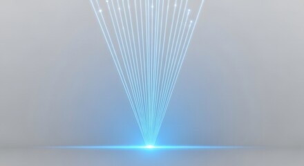 Abstract light beams converging on a bright point on a gray surface with a lens flare effect