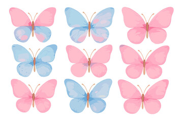 Set of pastel pink and blue watercolor style butterflies for spring and summer design