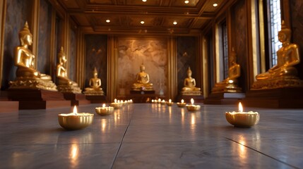 Golden Buddha statues and flickering candles create a serene atmosphere in a temple hall
