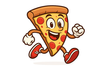 Cheerful cartoon pizza slice mascot running quickly with a big smile on its face