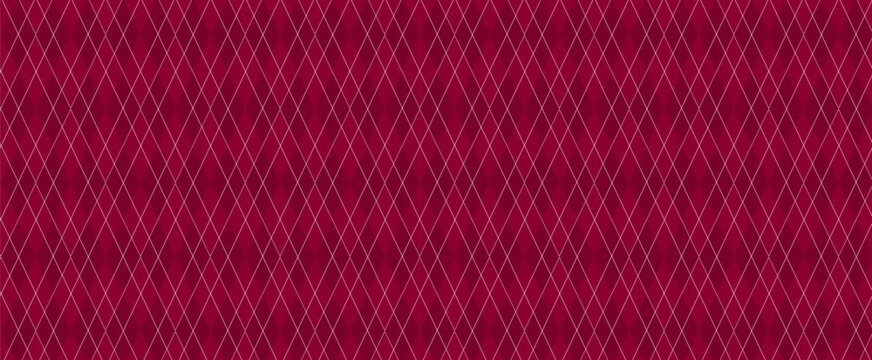 Dark Red Argyle Vector Pattern. Christmas Background. Harlequin Textile Print. Blood Red Diamonds with Gold Accent Lines. Seamless Pattern Tile.