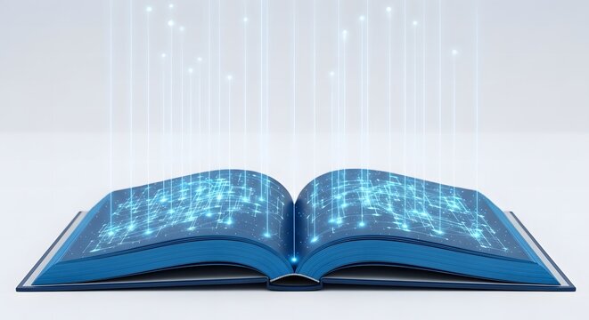 Open book with blue pages and glowing network connections over the pages on a white background - Powered by Adobe
