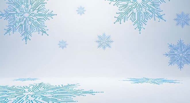 Digital snowflakes falling on a white surface with a light blue background and circuit board design