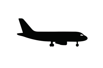 Black silhouette of a commercial passenger jet aircraft ready for takeoff or landing on landing gear