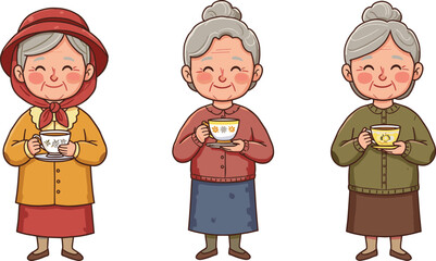 Cartoon elderly women drinking tea, floral cups, cozy moment, character design, senior lifestyle, friendship, warmth, relaxation, fashion, cheerful expression