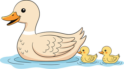 Cartoon duck family illustration, mother duck with ducklings, cheerful water scene, animal parenting, children’s art, playful nature design