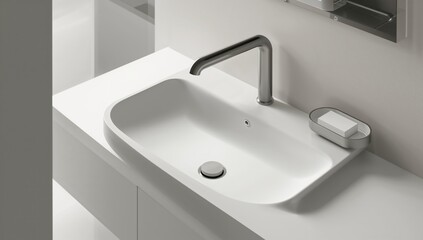 Fototapeta premium Minimalist bathroom basin featuring a soap holder, functional design for hygiene maintenance