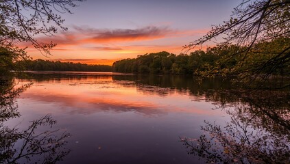 Obraz premium Natural landscape featuring a serene river at sunset with silhouetted branches along the water's edge, seasonal change