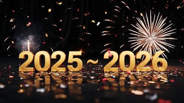 Golden numbers 2025 and 2026 shine amidst fireworks and confetti, symbolizing anticipation and celebration of the upcoming new year, creating a festive atmosphere.