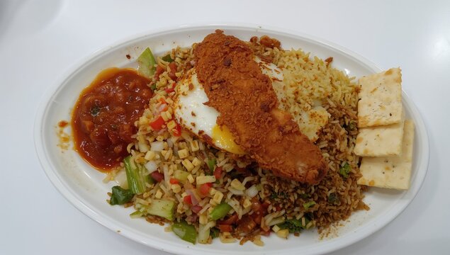 Pecel served with fried chicken, fried egg, sambal tumpang, and crackers, protein-rich meal