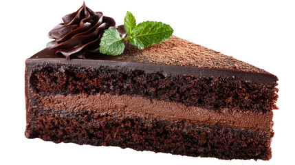 Delicious piece of tasty chocolate cake with rich creamy layers and sweet dessert texture perfect for bakery, celebration and food themes isolated on white background
