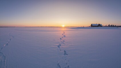 Panoramic view of a snow-laden field post-blizzard at sunset, illustrating the impacts of climate change