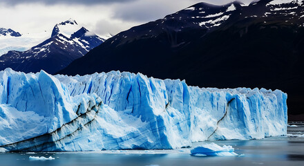 A majestic perito moreno glacier in argentina, a massive ice formation calving into lago argentino under a dramatic cloudy sky with snowcapped mountains