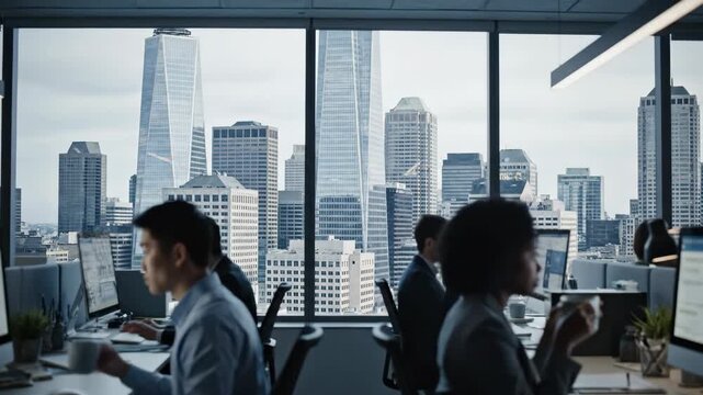 Dynamic team collaborating on project in modern office with stunning city view, driving success and innovation in fast paced industry