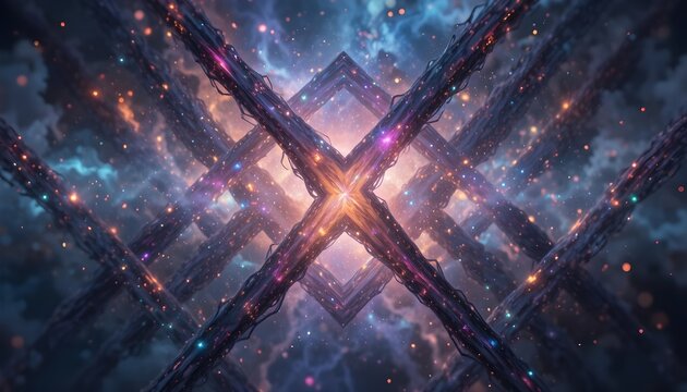  Interlocking diagonal geometric strands woven like cosmic fabric, each strand glowing in multi-color refracted light, swirling nebula mist behind them, radiant pulse effects, surreal symmetry with fl