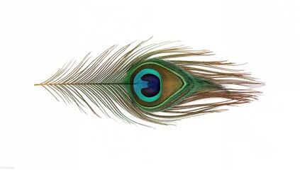Fototapeta premium Isolated peacock feather on a white backdrop, suitable for editorial design