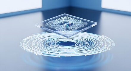 Clear microchip hovering above glowing concentric circles in a futuristic blue and white setting