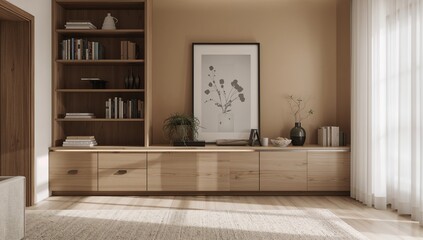 Modern interior design with wooden built-in shelving and drawers, focusing on functionality and organization